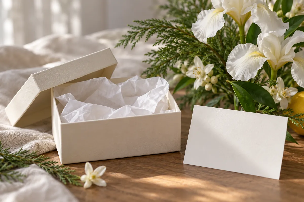 Caja de regalo vacía con tarjeta sin texto junto a flores blancas