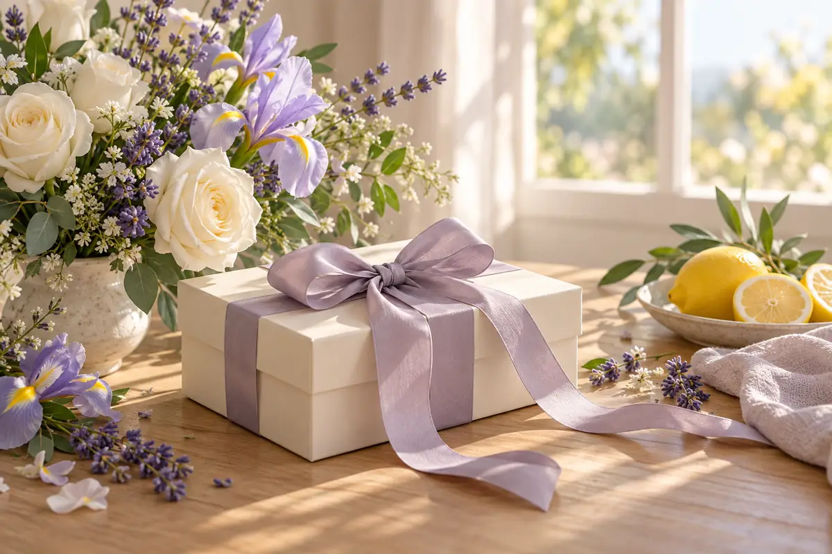 Regalo crema con cinta lila entre iris, rosas blancas, lavanda y limón