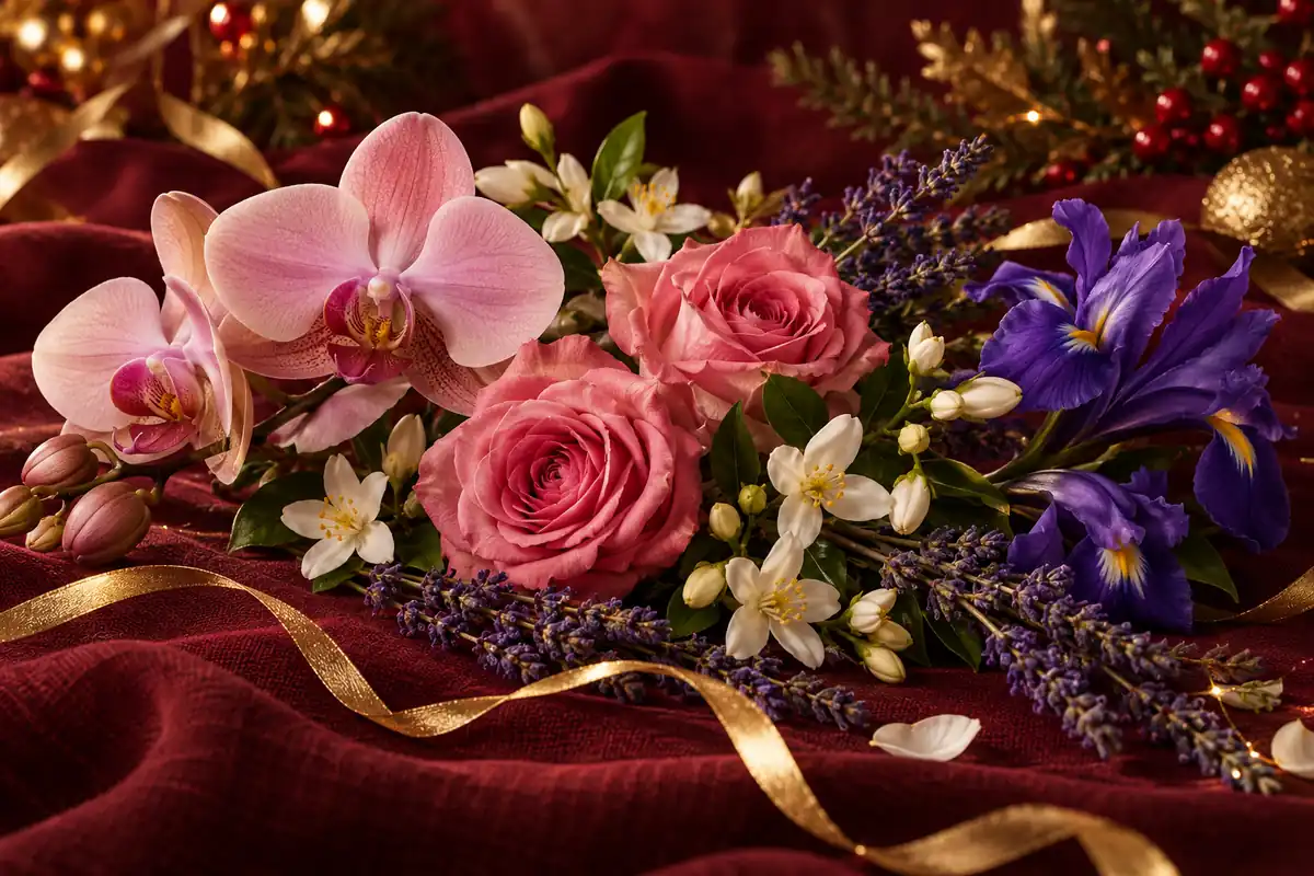 Orquídeas, rosas, iris y lavanda sobre tela burdeos con cinta dorada