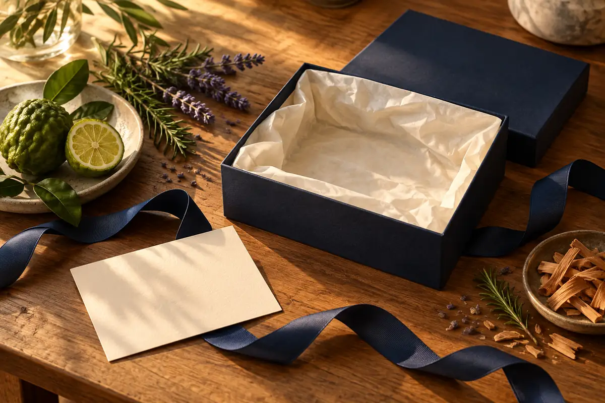 Perfumes para regalar a tu padre: frescos, clásicos y amaderados 4 Caja azul vacía con tarjeta sin texto, lavanda, romero y bergamota