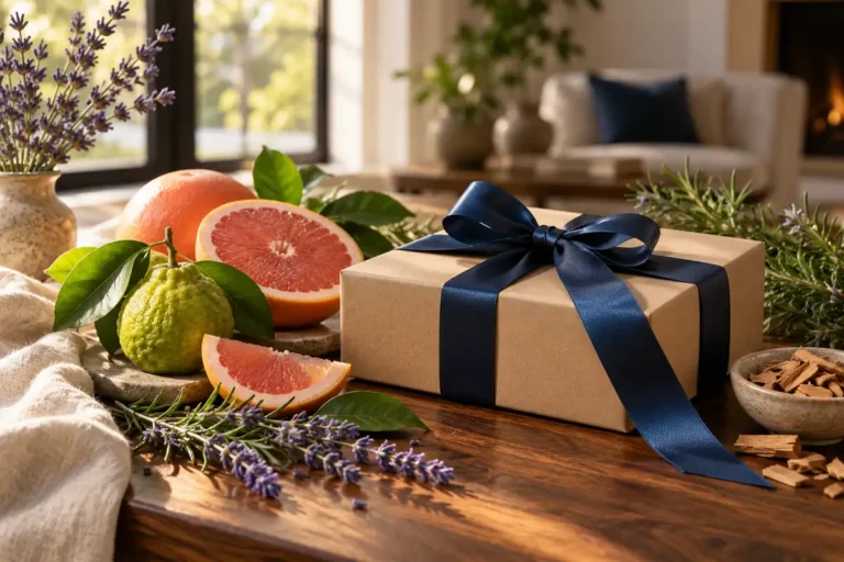 Regalo kraft con lazo azul entre bergamota, pomelo, lavanda y romero