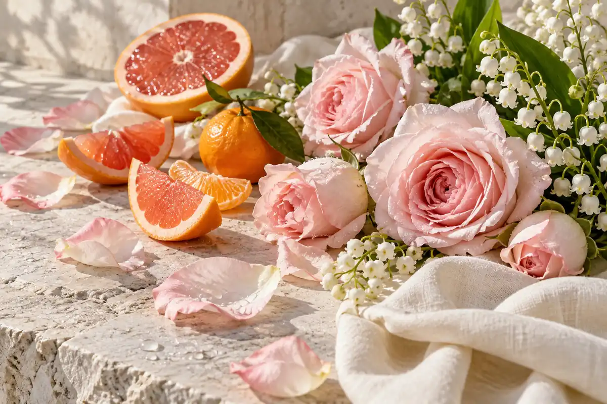 Rosas rosadas con cítricos y flores blancas sobre piedra clara