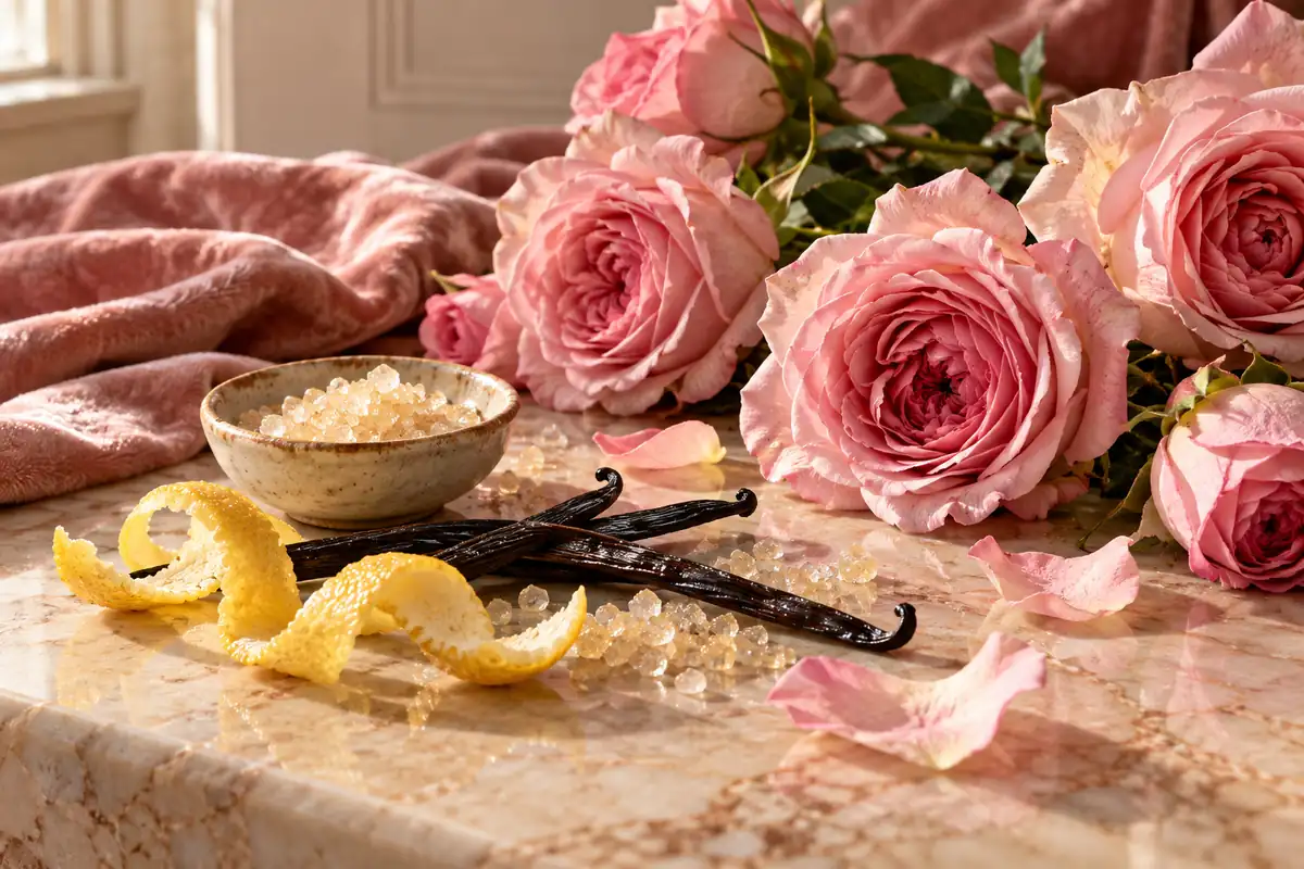 Rosas rosadas con vainilla, limón y azúcar sobre mármol cálido
