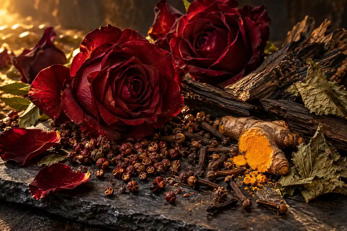 Rosas rojas con pimienta, clavo, cúrcuma y maderas sobre pizarra