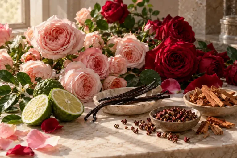 Rosas claras y rojas con bergamota, vainilla, pimienta y maderas