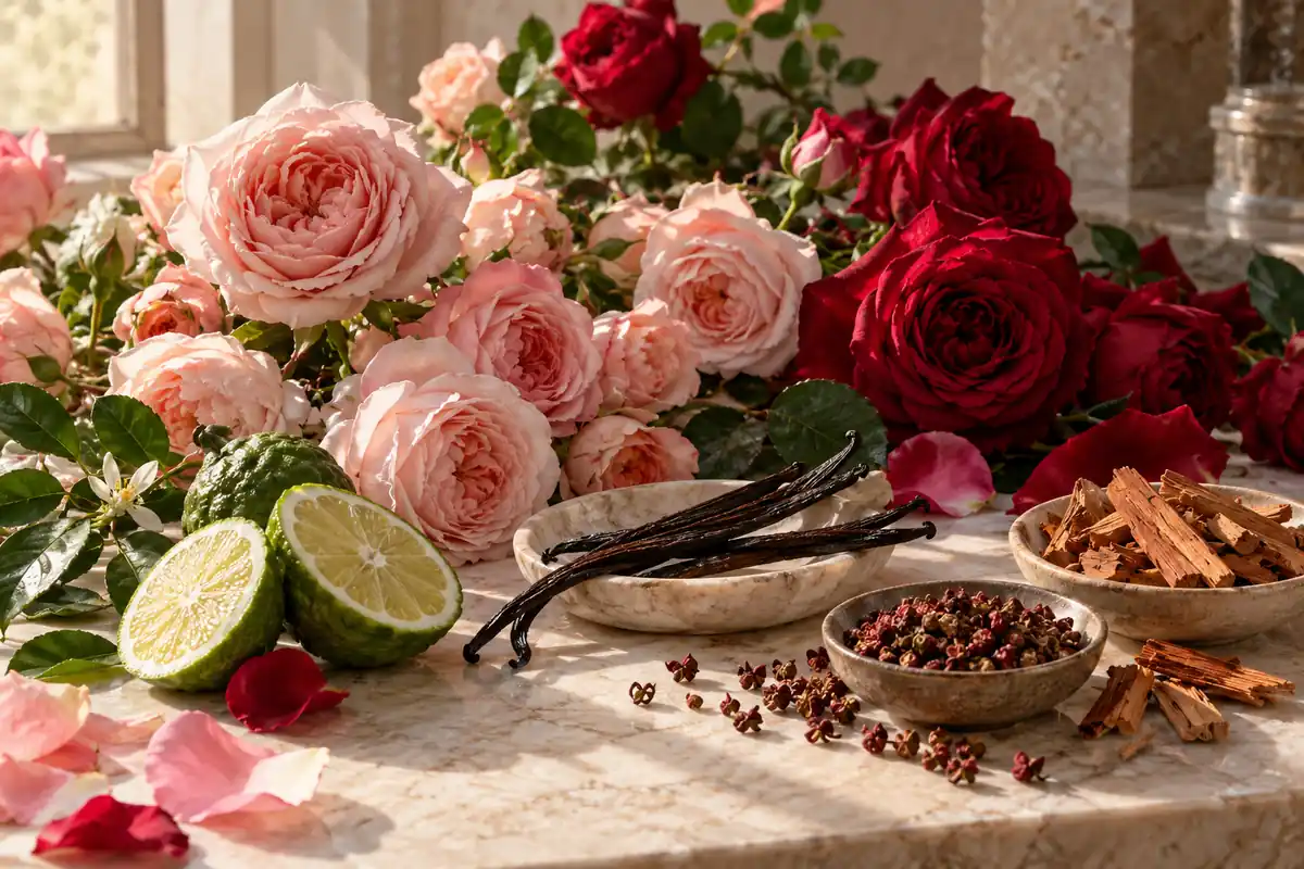 Rosas claras y rojas con bergamota, vainilla, pimienta y maderas