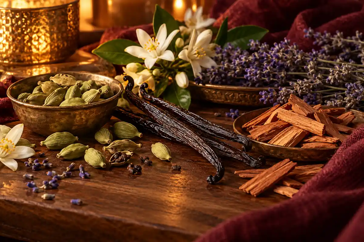Perfumes para San Valentín: cómo elegir según el estilo de tu pareja 3 Cardamomo, vainilla, sándalo, lavanda y azahar sobre madera