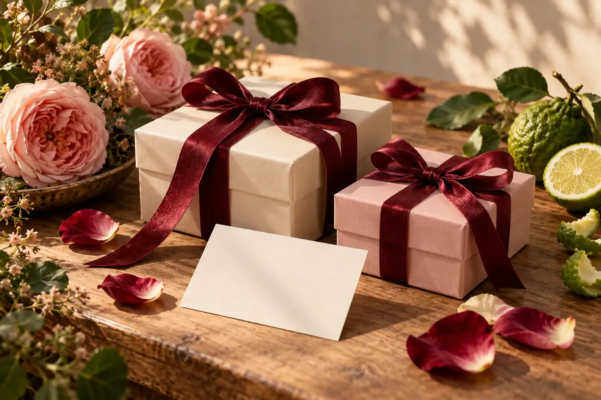 Perfumes para San Valentín: cómo elegir según el estilo de tu pareja 4 Dos regalos claros con cintas burdeos y tarjeta sin texto