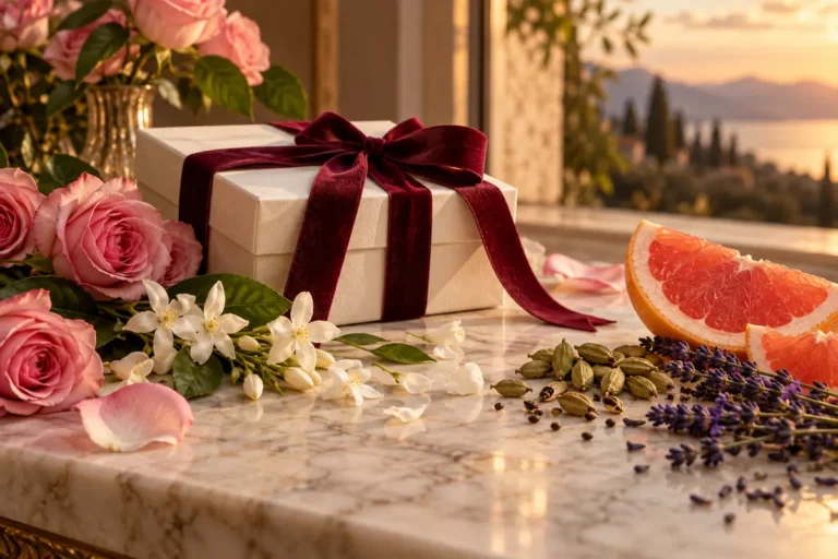 Regalo con lazo burdeos entre rosas, jazmín, pomelo y cardamomo