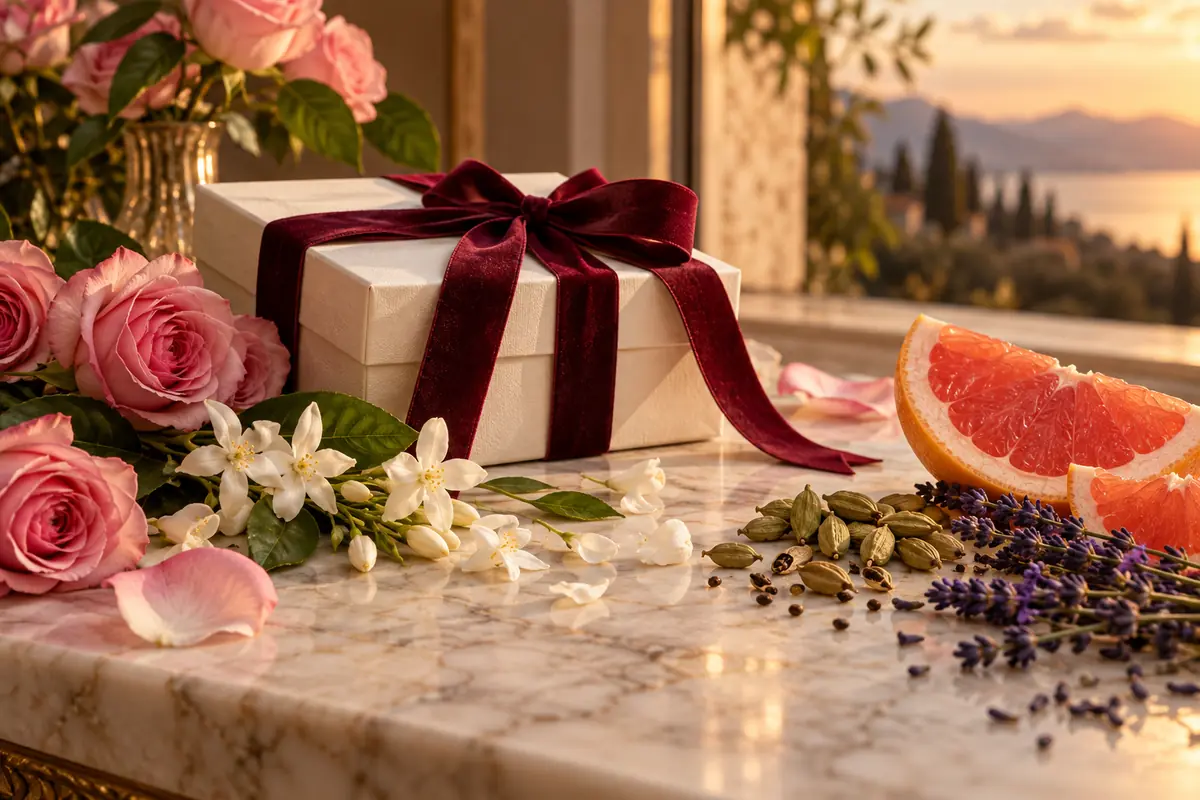 Perfumes para San Valentín: cómo elegir según el estilo de tu pareja 1 Regalo con lazo burdeos entre rosas, jazmín, pomelo y cardamomo