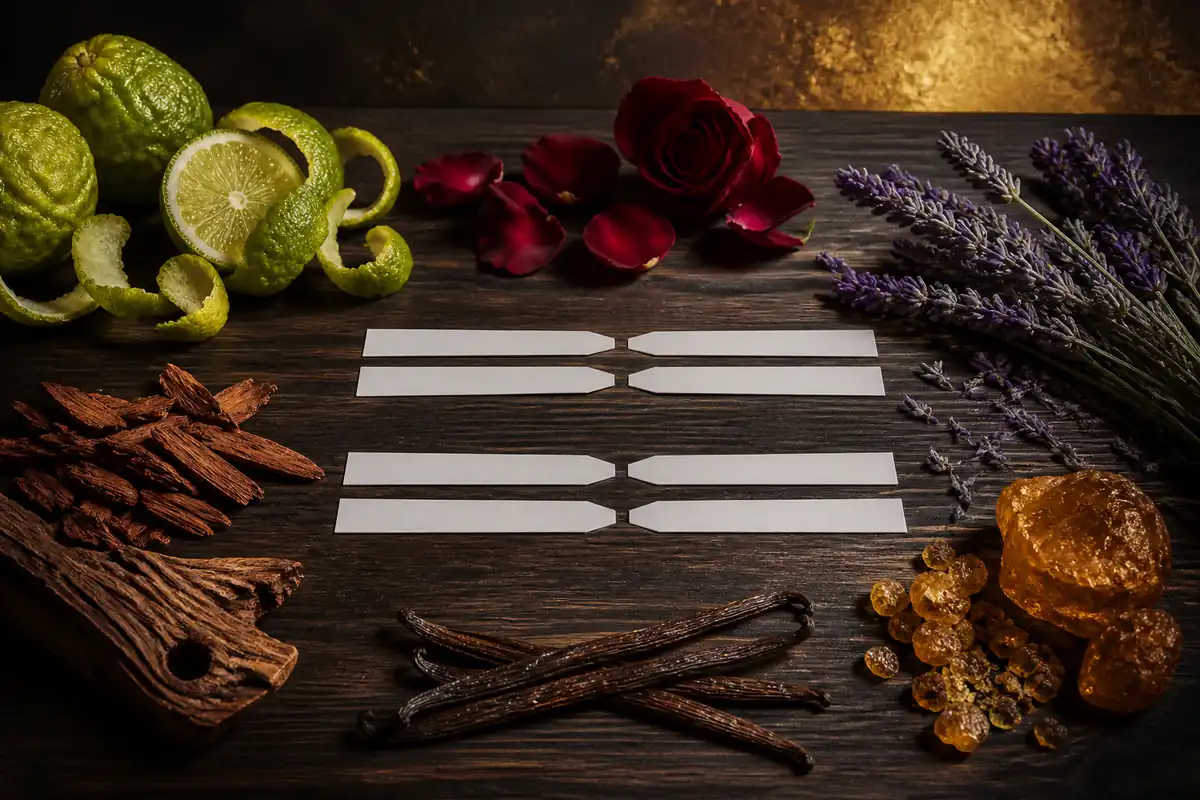 Perfumes similares comparados con tiras olfativas, cítricos, rosa, lavanda, maderas, vainilla y ámbar