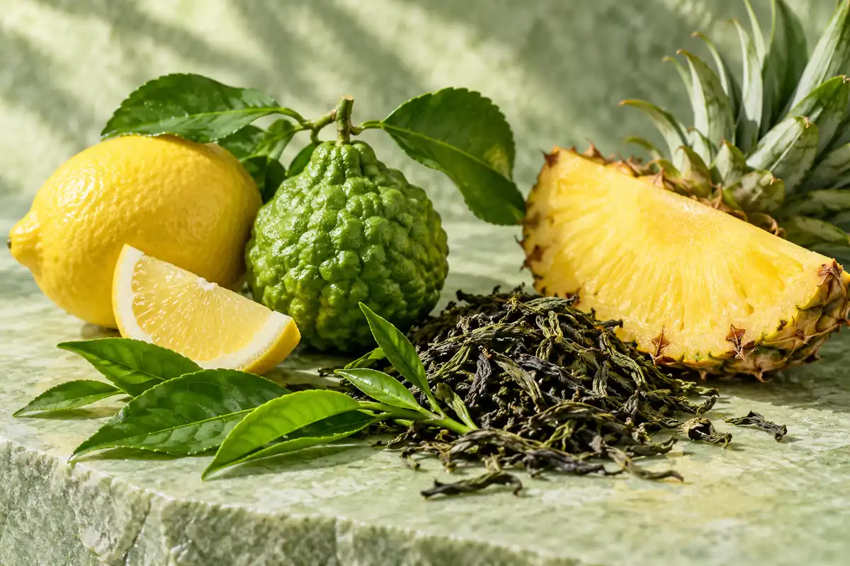 Limón, bergamota, hojas de té y piña sobre piedra verde