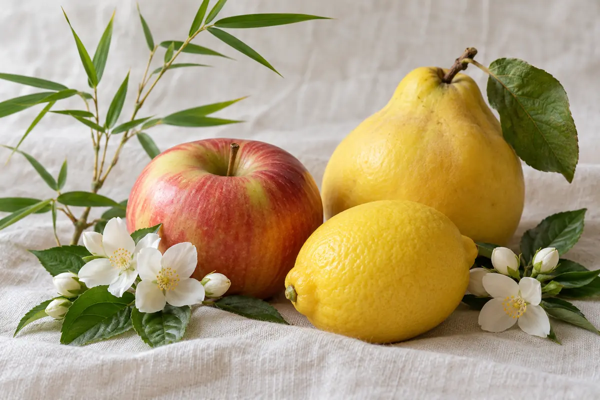 Manzana, limón, fruta amarilla y flores blancas sobre lino