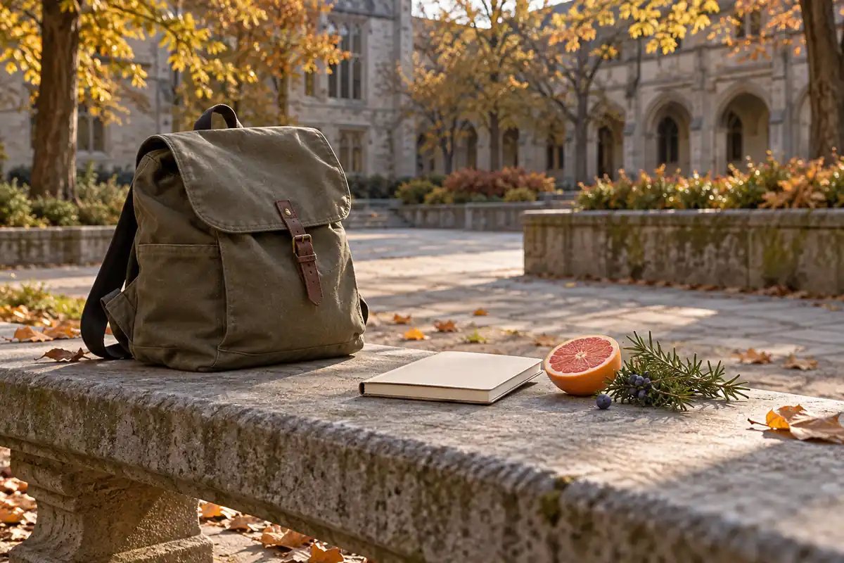 Mochila, cuaderno, pomelo y ramas aromáticas en un patio universitario vacío