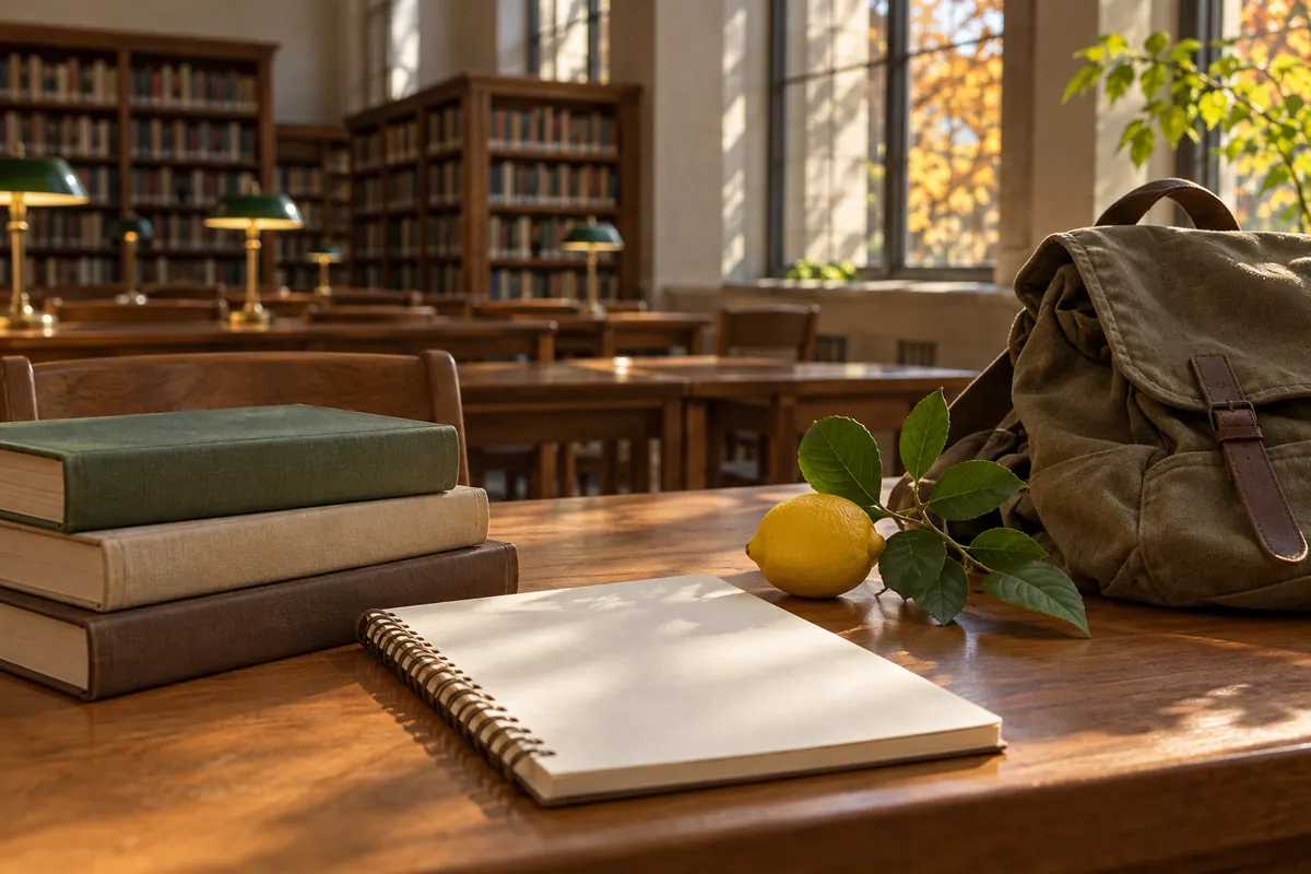Libros, cuaderno sin texto, mochila y limón sobre una mesa de biblioteca vacía
