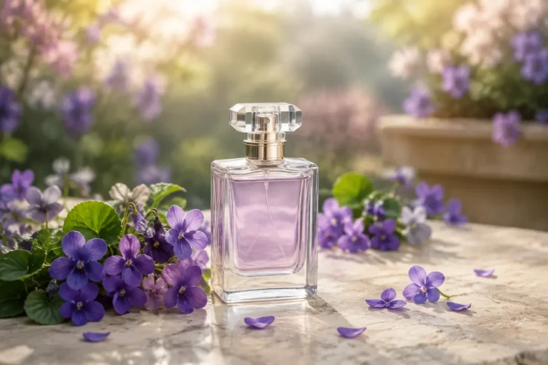 Perfumes de violeta con flores moradas y frasco sin marca
