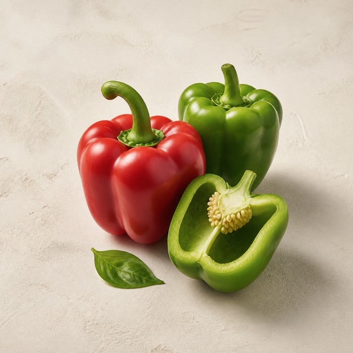 Pimientos morrones rojo y verde enteros y cortados