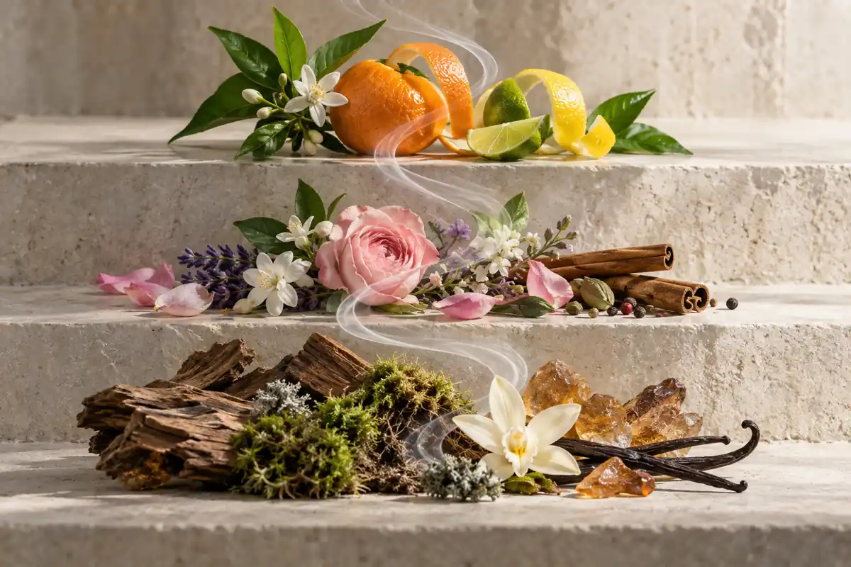 Pirámide olfativa con cítricos flores especias maderas musgo vainilla y resinas