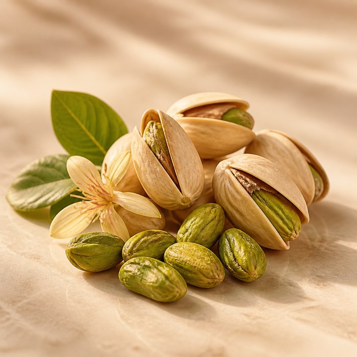 Pistachos abiertos con frutos verdes y hojas