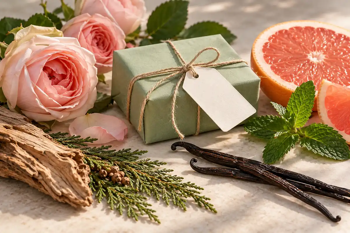 Cómo regalar un perfume si no sabes cuál usa esa persona 4 Caja verde con tarjeta vacía entre rosas, pomelo, menta y vainilla