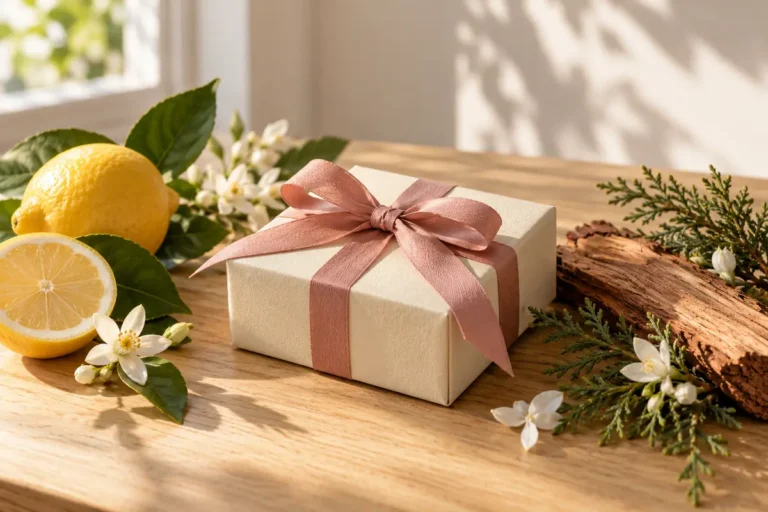 Caja de regalo clara con lazo rosa junto a limón, flores blancas y madera