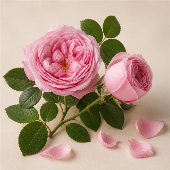 Flores rosadas de rosa Damascena con hojas verdes