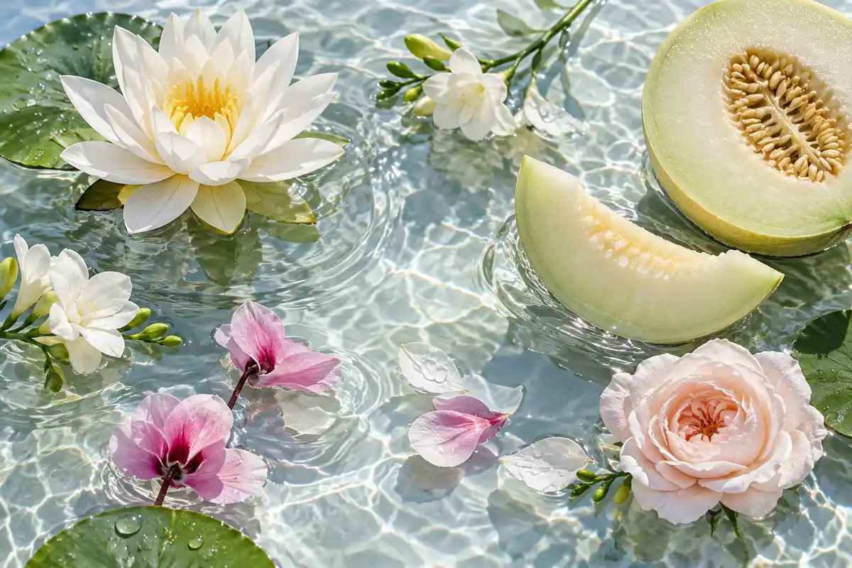 Loto, melón, fresia y agua de la salida de la referencia 109