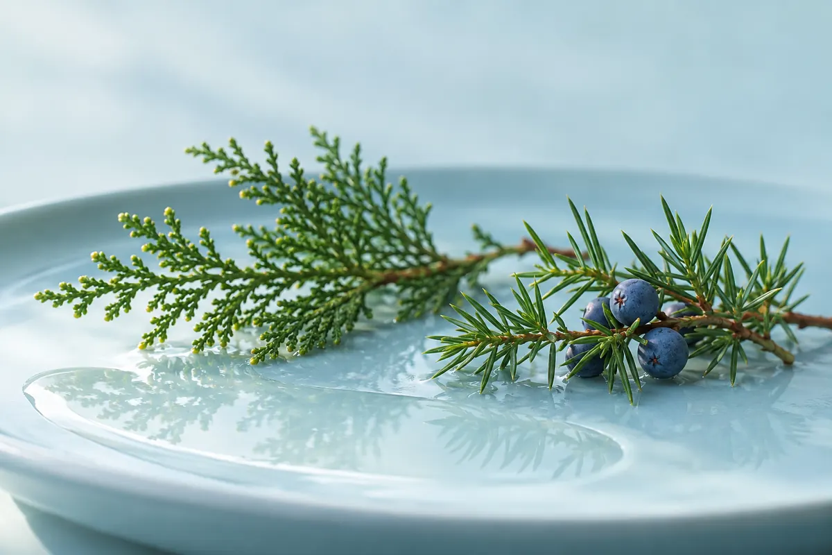 Ramas de ciprés y enebro con bayas sobre un plato azul junto al agua