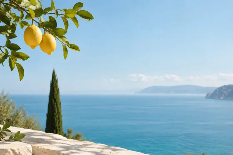 Rama de limonero y un ciprés junto a una terraza frente al mar
