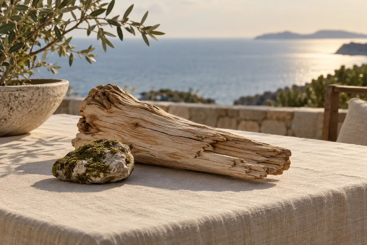 Madera clara y una piedra con musgo sobre lino en una terraza mediterránea