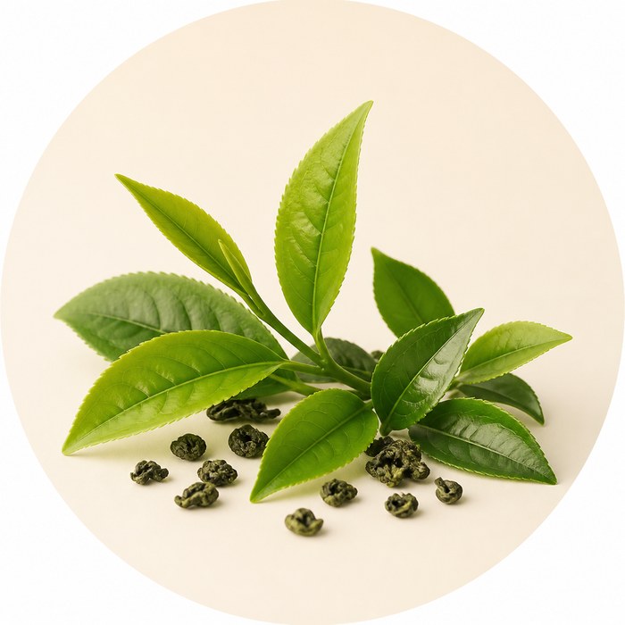 Hojas frescas de té verde para perfumes limpios y aromáticos