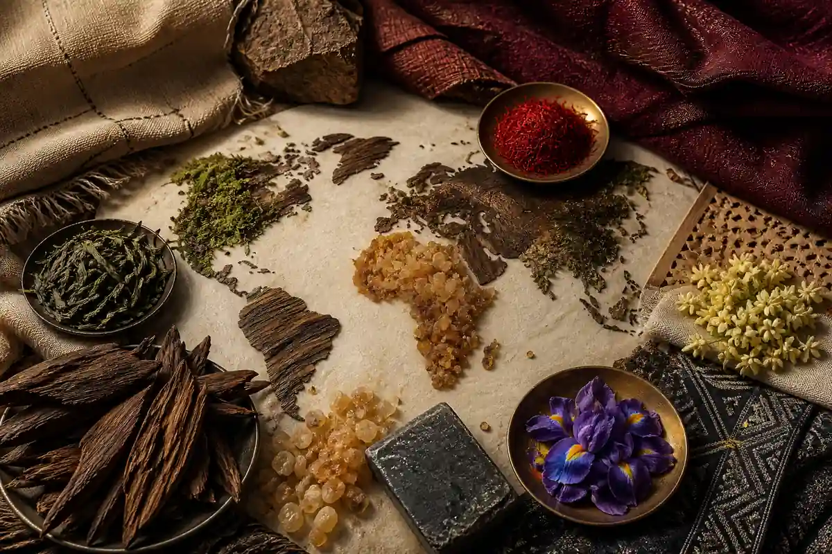 Tendencias de perfumes nicho en 2027: el futuro de la perfumería de autor 1 Tendencias en perfumes nicho 2027 con materias primas internacionales, maderas, resinas, té, azafrán e iris