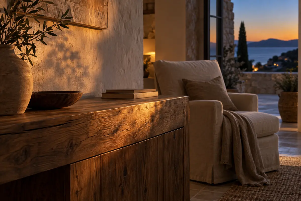 Madera y lino en un interior mediterráneo iluminado al atardecer