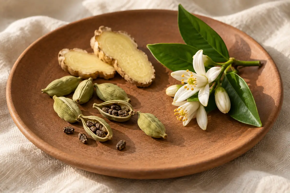 Cardamomo abierto, rodajas de jengibre y azahar sobre cerámica