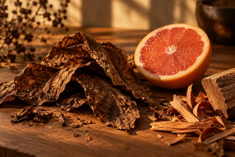 Hojas de tabaco secas, madera de cedro y pomelo con luz cálida