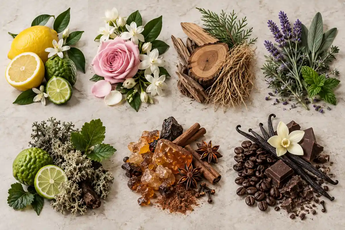 Tipos de familias olfativas con cítricos flores maderas aromáticas chipre ámbar y gourmand