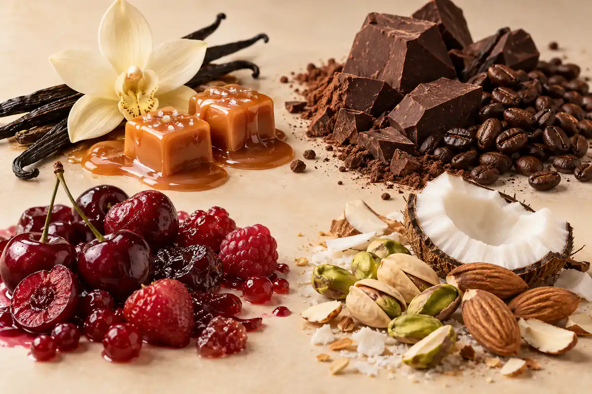 Tipos de perfumes dulces gourmand con vainilla chocolate frutas y frutos secos