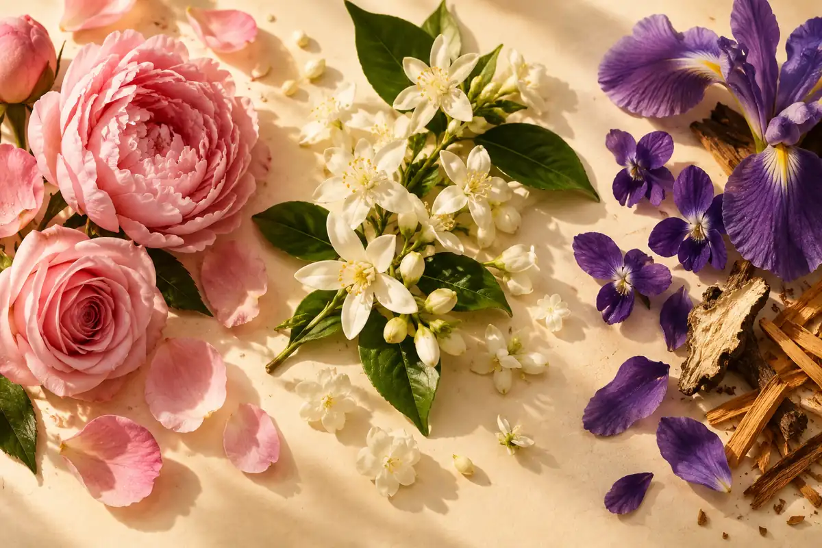 Rosas, peonía, azahar, jazmín, violeta e iris como estilos de perfumes florales