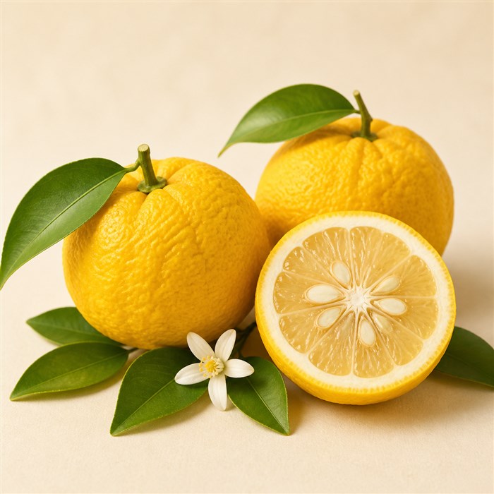 Frutos amarillos de yuzu con hojas verdes