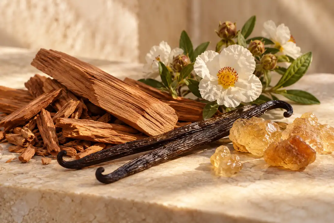 Madera, vainilla, flores de jara y resina como ilustración del fondo de inspiración de Rosa Dorada 674