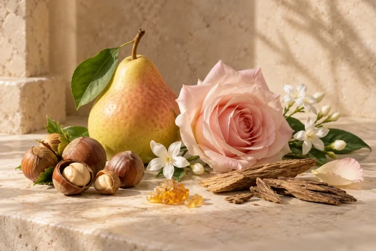 Pera, avellanas, flores, madera e incienso: ilustración del perfil de inspiración de Rosa Dorada 674