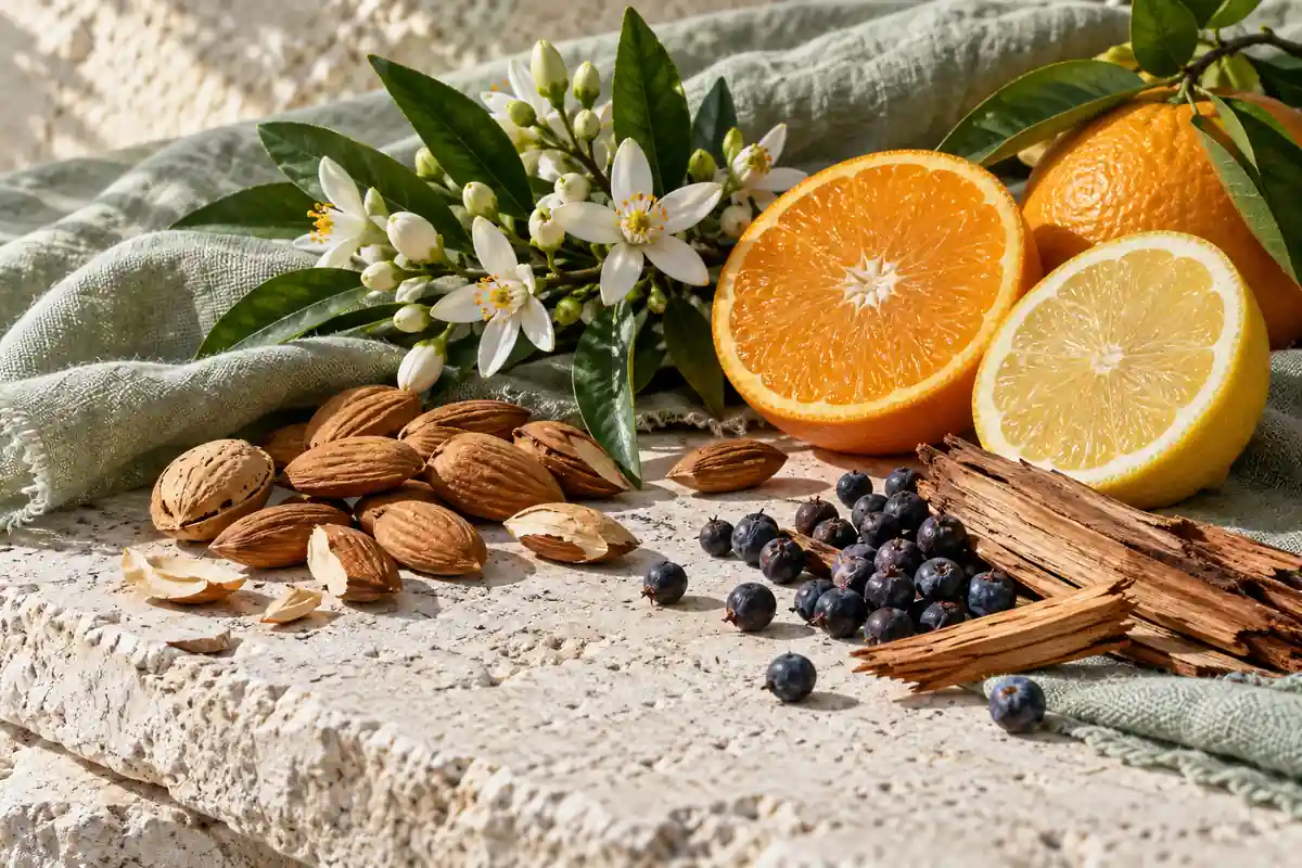 Perfumes de almendra: cómo elegir entre cítricos, flores y vainilla 2 Almendras con limón, azahar y bayas de enebro sobre piedra clara