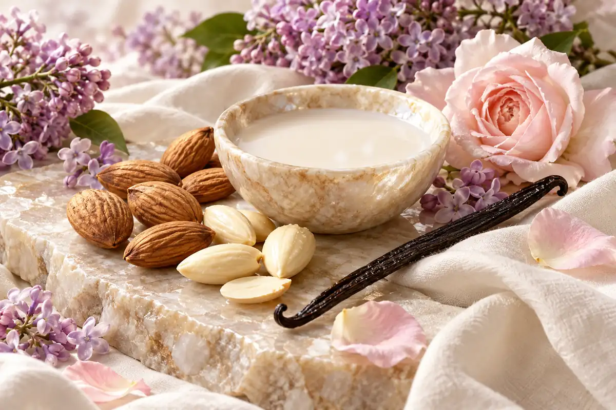 Perfumes de almendra: cómo elegir entre cítricos, flores y vainilla 3 Almendras, leche evocativa, lila y pétalos de rosa sobre lino