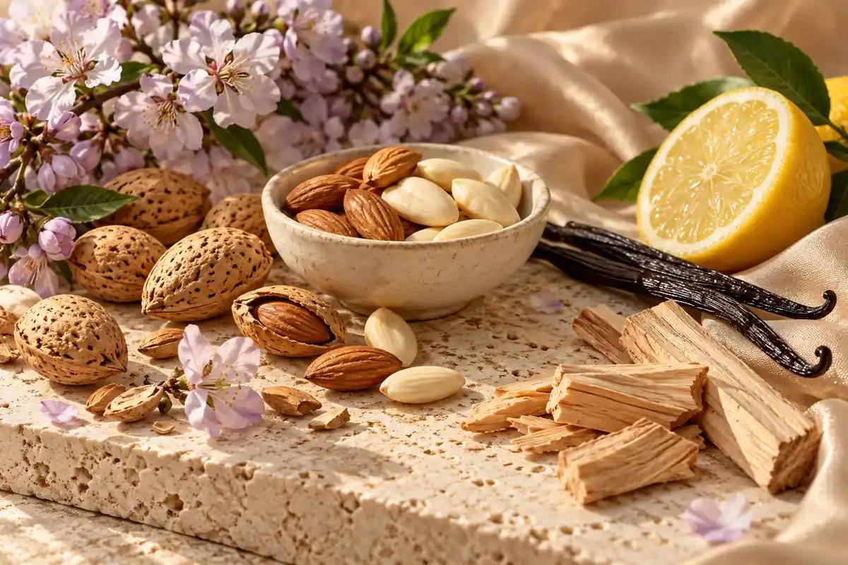 Perfumes de almendra: cómo elegir entre cítricos, flores y vainilla 1 Almendras con lila, vainilla, cítrico y madera sobre travertino