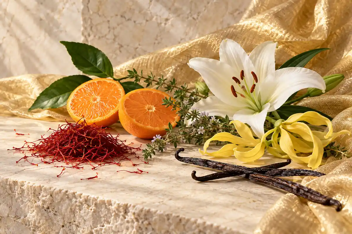 Perfumes de azafrán: cómo elegir entre flores, oud y tabaco 2 Azafrán con mandarina, tomillo, azucena, flores amarillas y vainilla