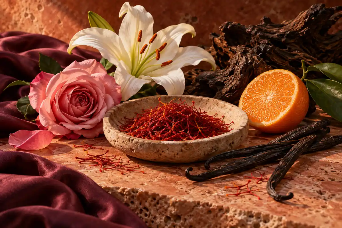 Perfumes de azafrán: cómo elegir entre flores, oud y tabaco 1 Azafrán con rosa, azucena, mandarina, vainilla y madera