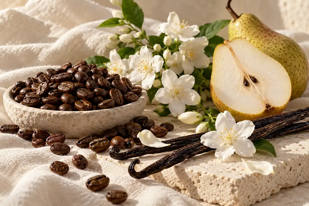 Café con pera, flores blancas y vainilla sobre lino claro