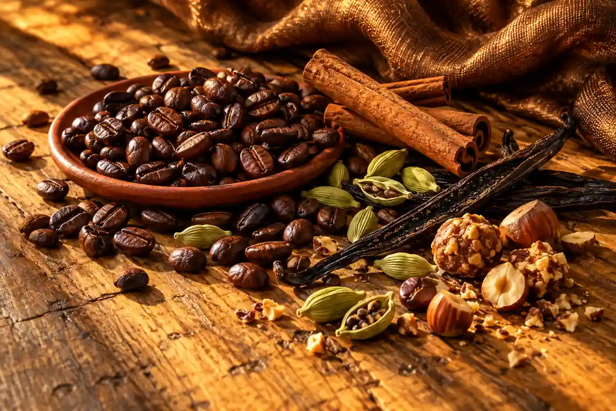 Café, canela, cardamomo y vainilla en una composición cálida