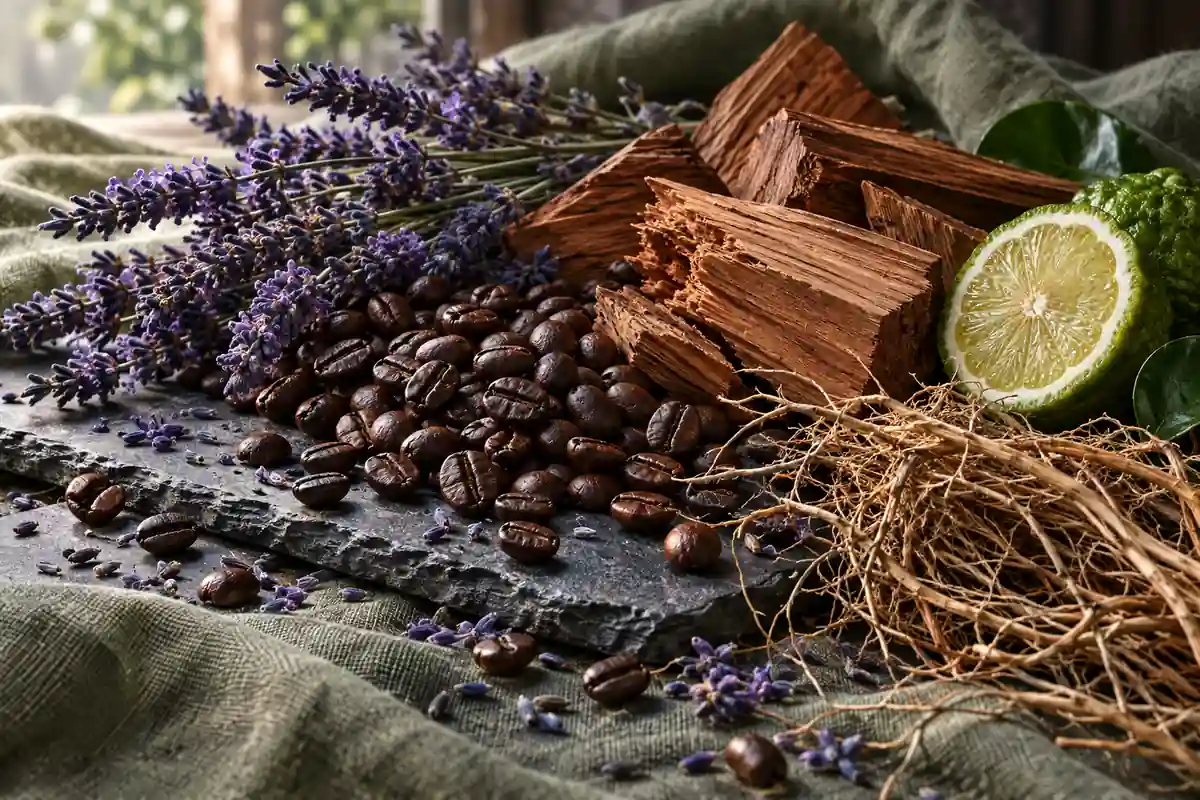 Granos de café con lavanda, cítrico y maderas sobre pizarra