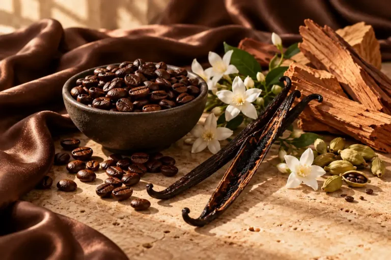 Perfumes de café: cómo elegir entre flores, especias y maderas 10 Granos de café, vainilla, flores blancas y cardamomo sobre piedra cálida